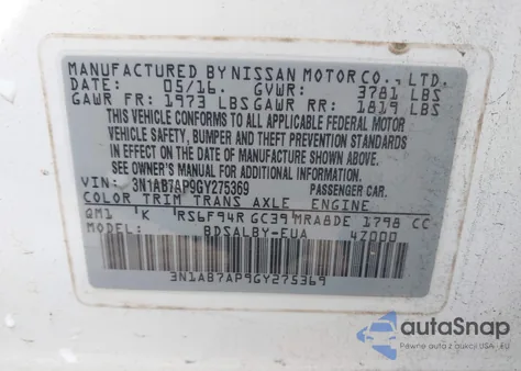 2016 Nissan Sentra S from USA, damaged, VIN 3N1AB7AP9GY275369